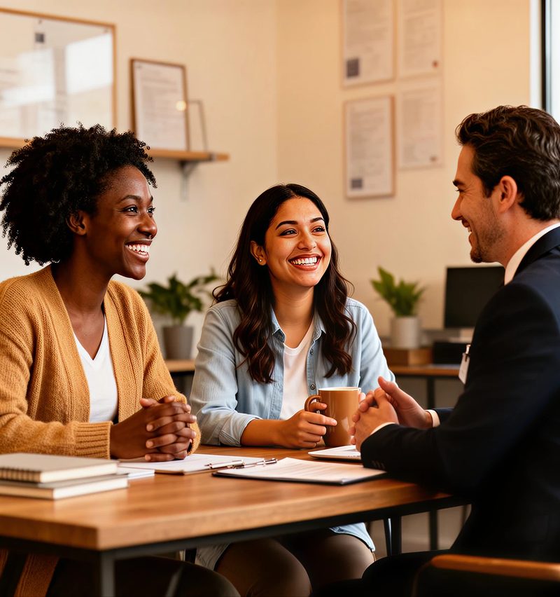 A loan officer helping two clients at the Here For You Miami office